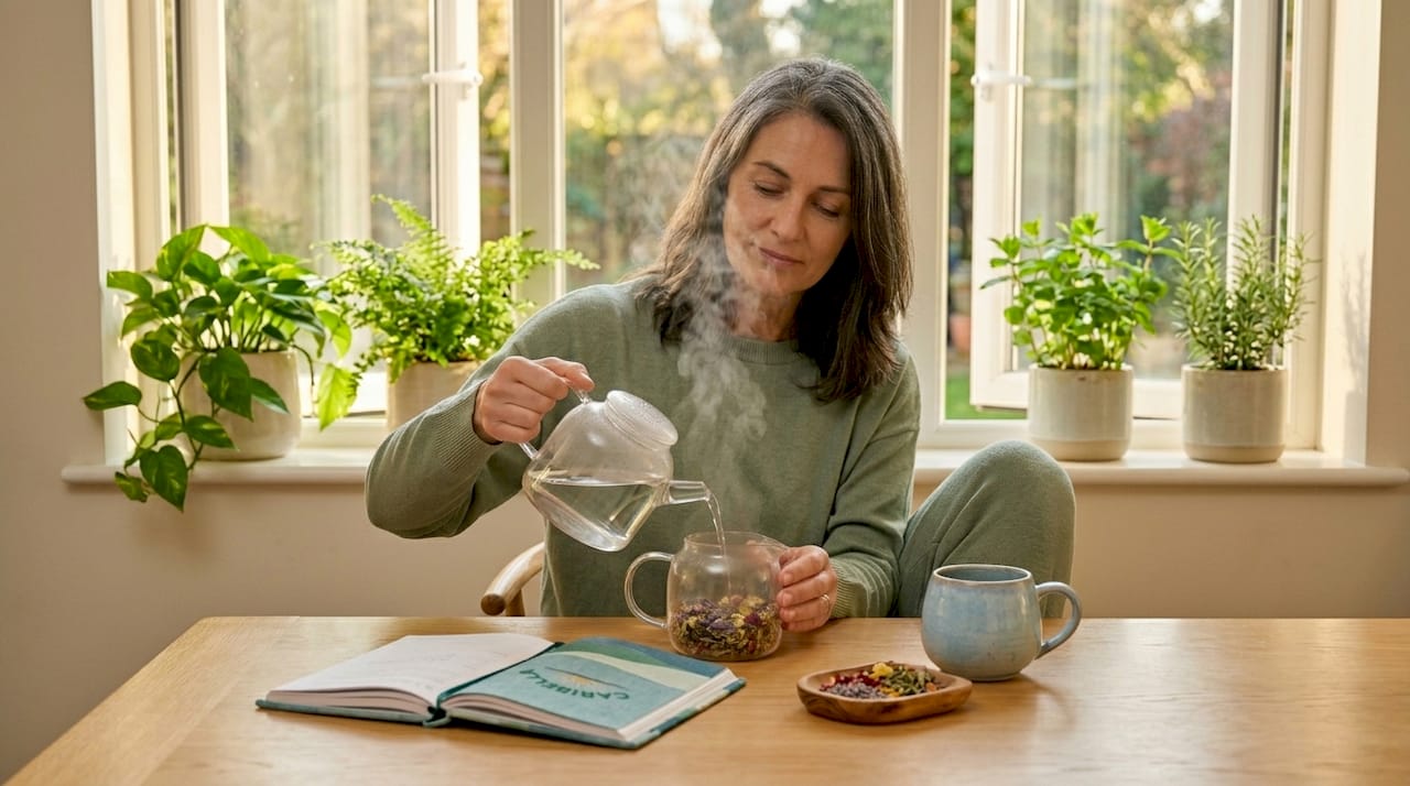 Woman making herbal tea at kitchen table