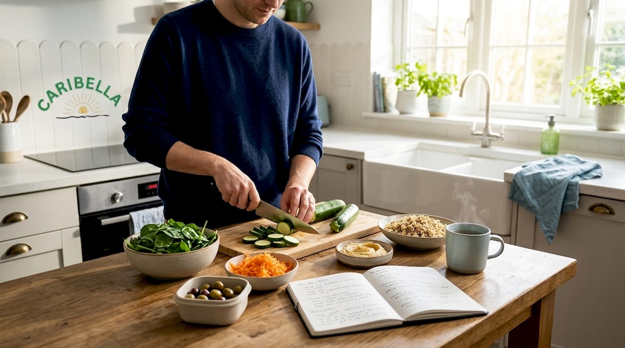 Person preparing fresh vegetables with fermented foods in kitchen