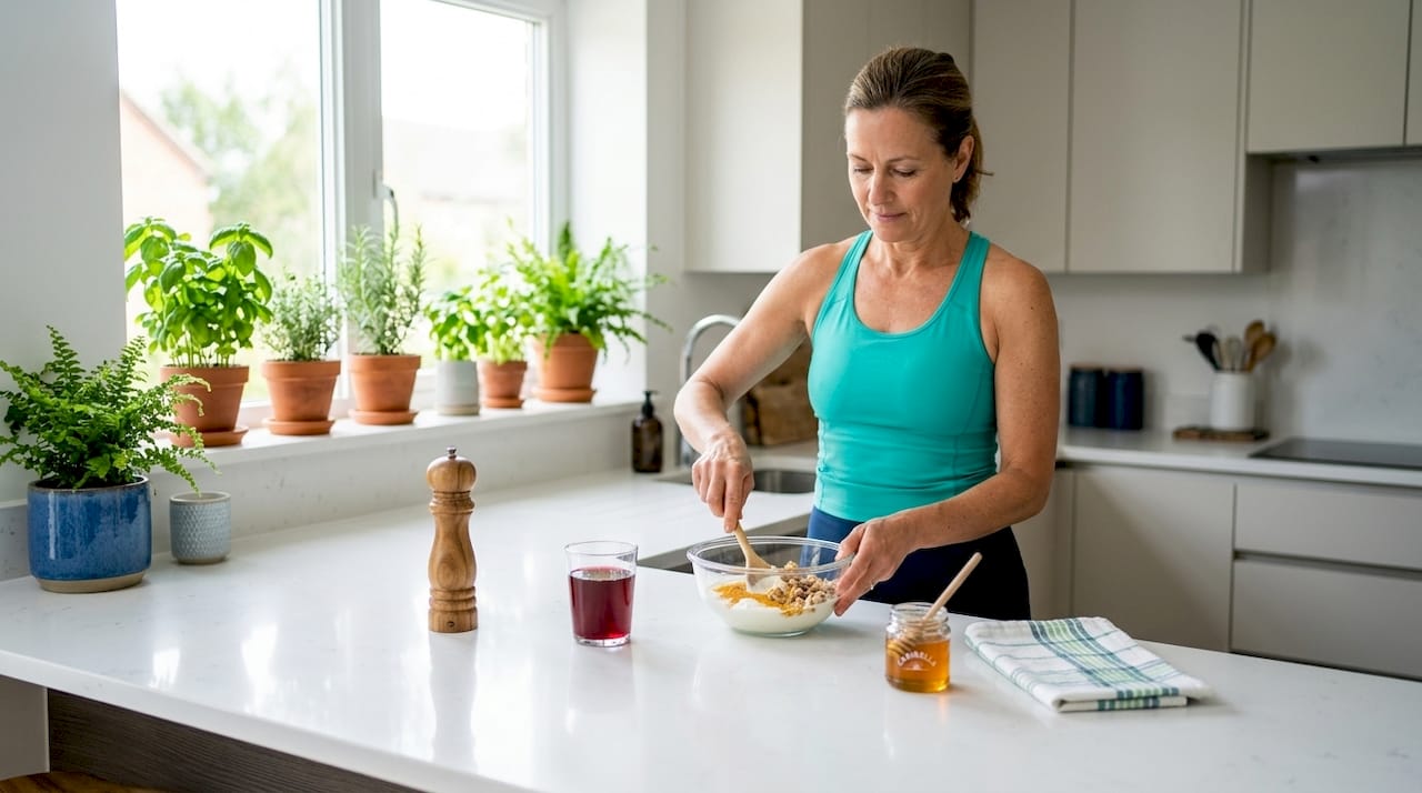 Woman prepares herbal recovery snack in kitchen