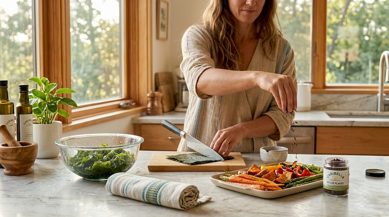 Preparing sea vegetables in home kitchen