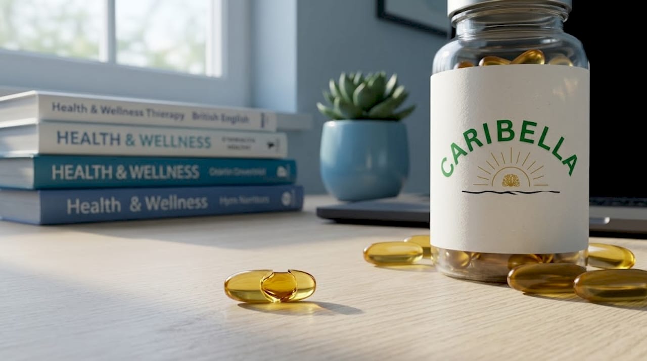 Closeup of open gel capsule and supplement bottle