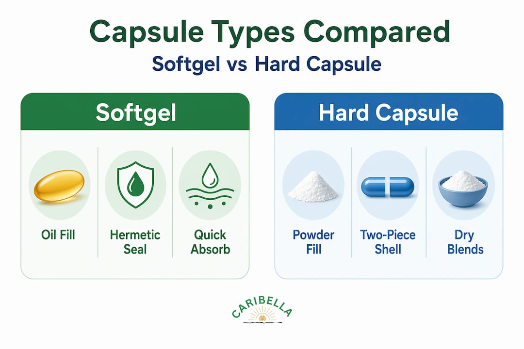 Infographic comparing softgel and hard capsules