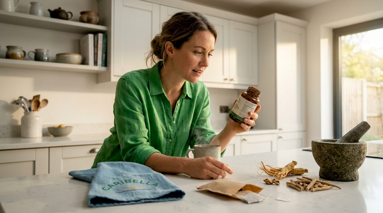 Woman reading herbal supplement label in kitchen