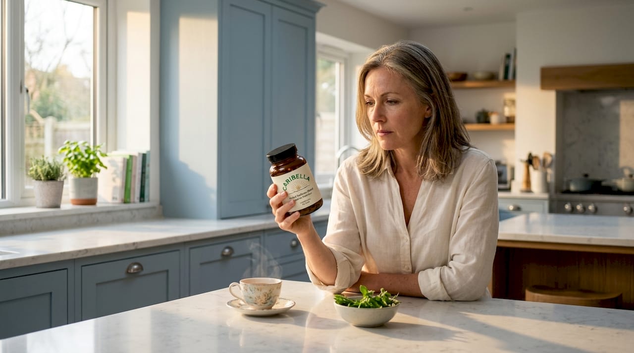 Woman reading wellness product label