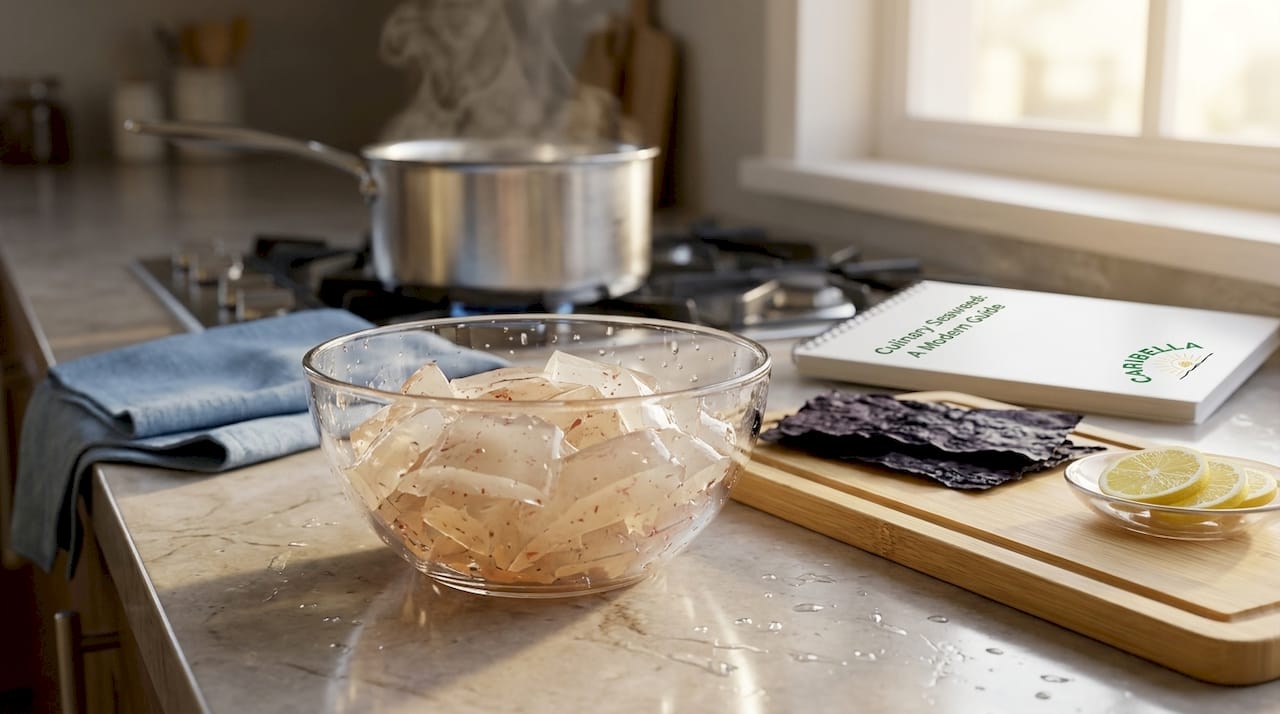 Sliced agar gel from red seaweed on countertop