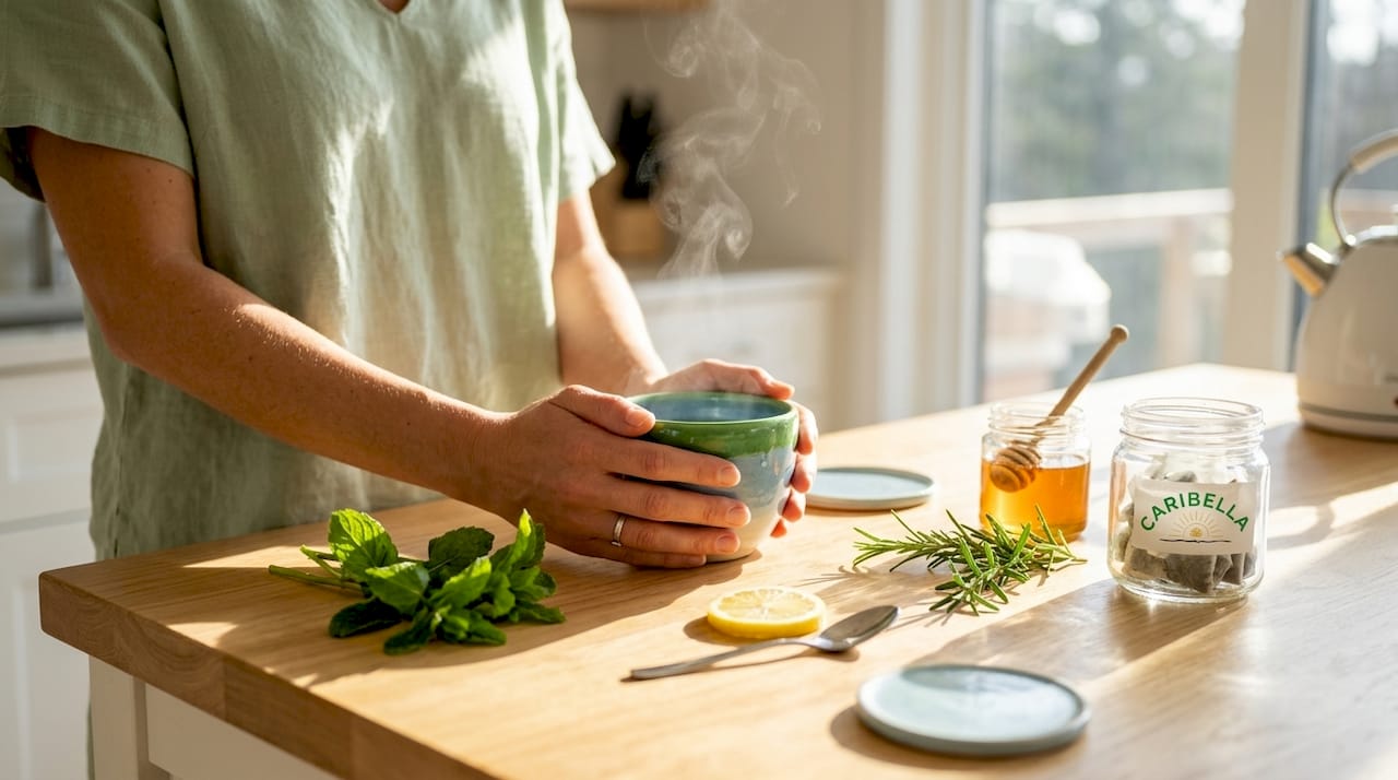 Hands holding a steaming tea cup