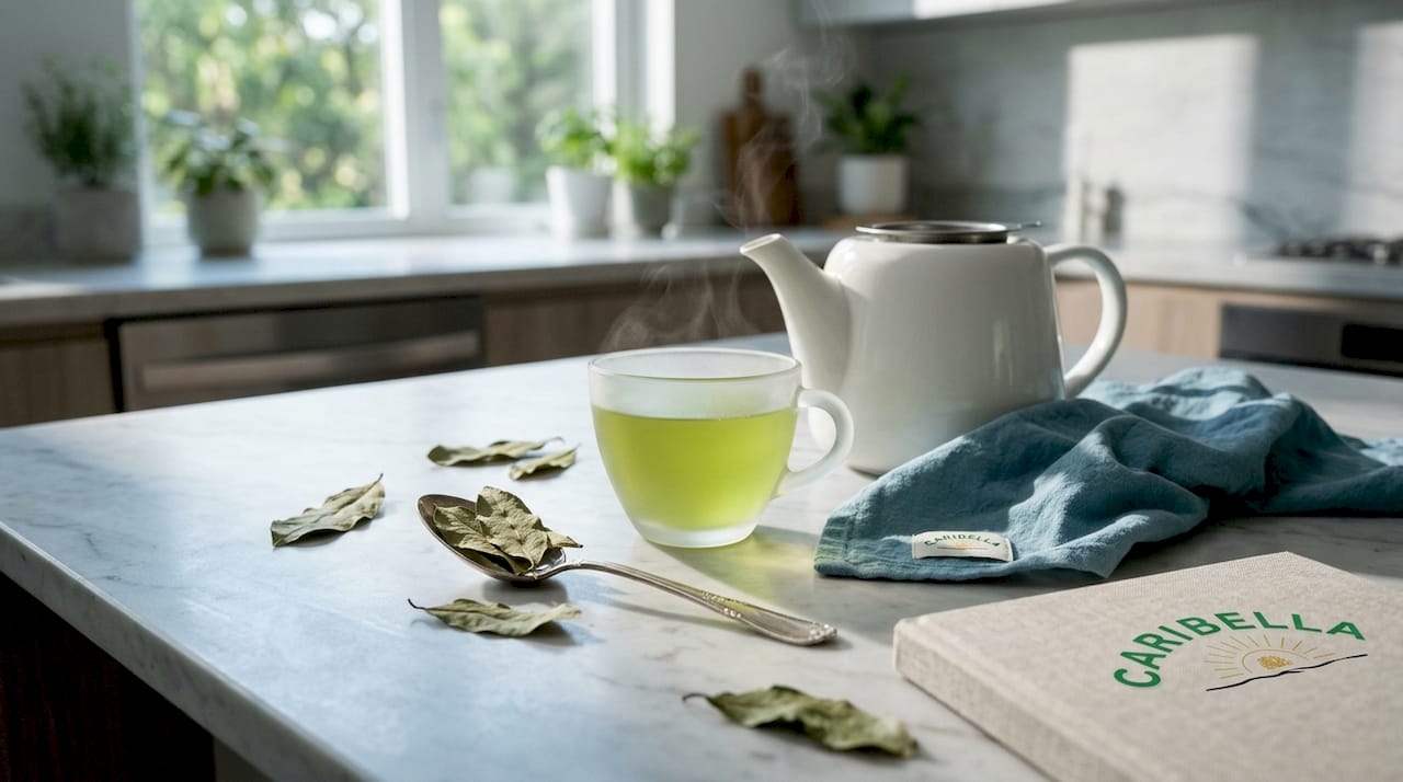 Graviola leaves and tea cup on kitchen counter