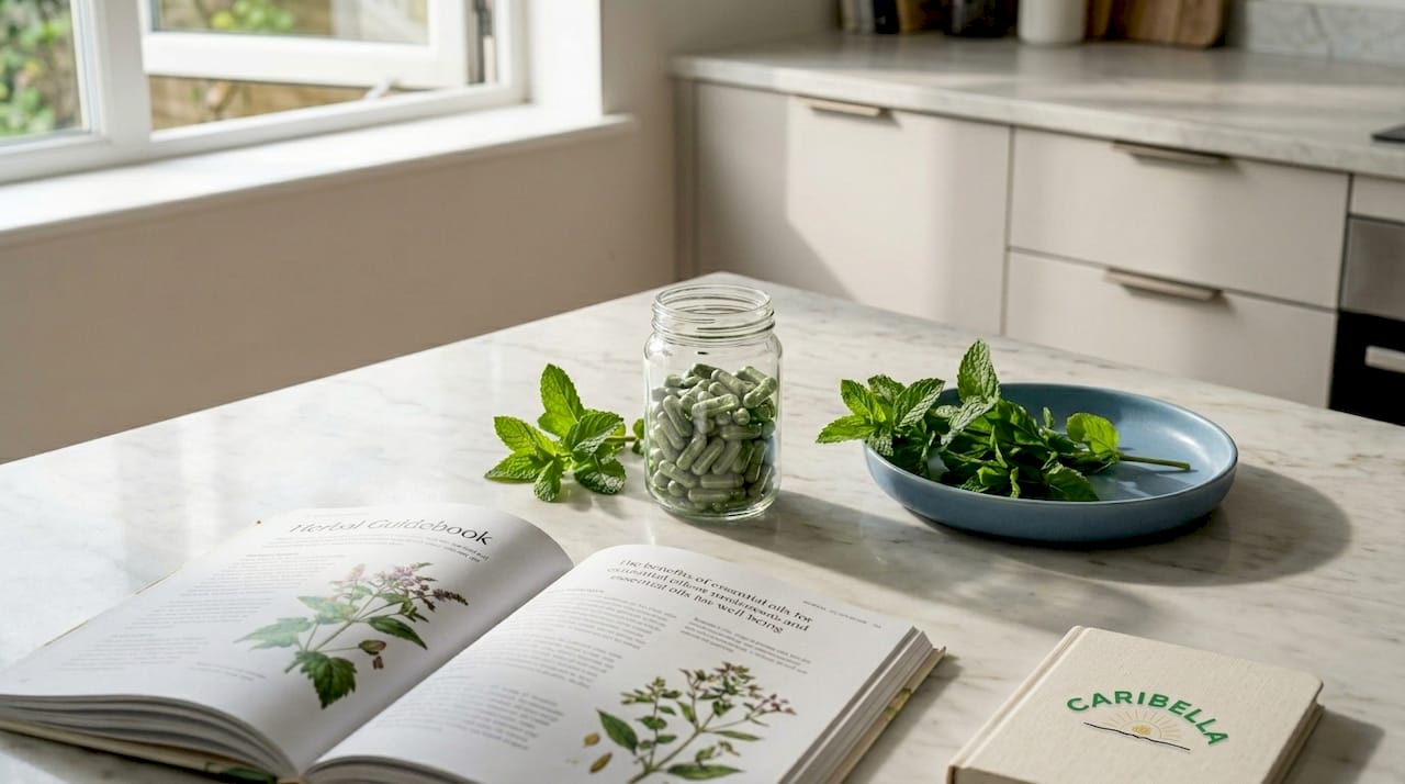 Glass jar of peppermint capsules with leaves nearby
