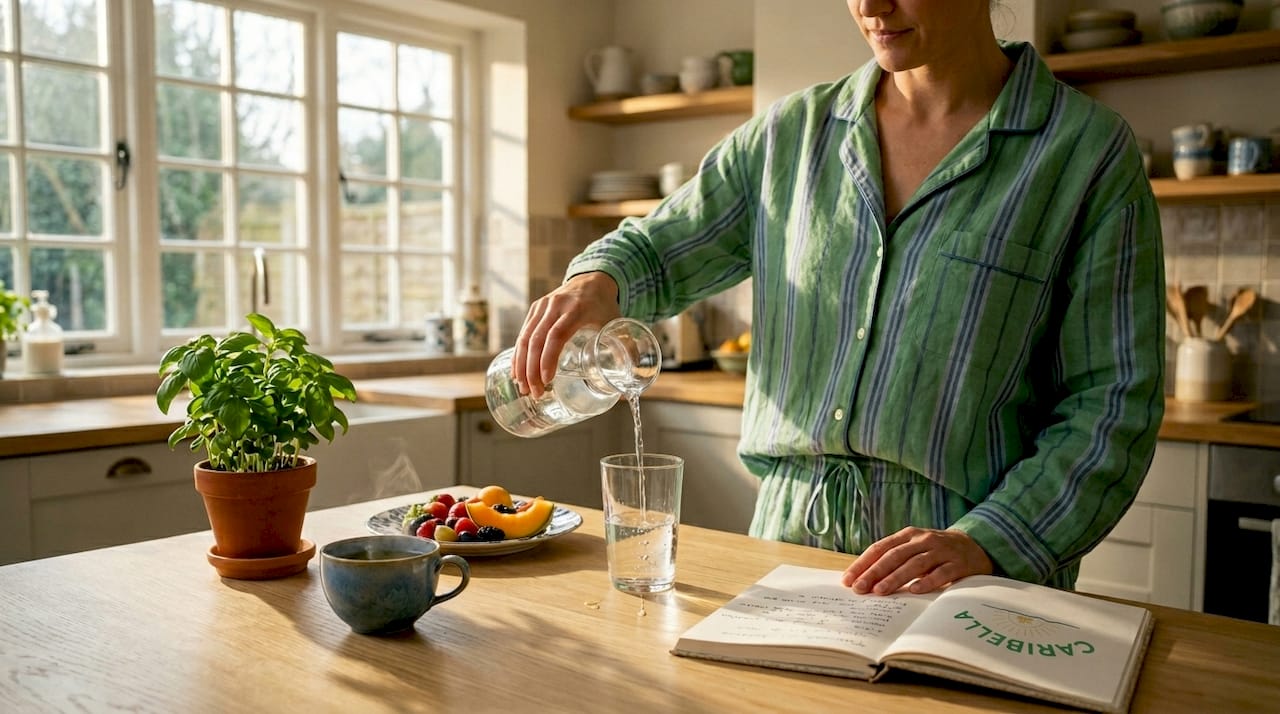 Woman practicing morning wellness habit in kitchen