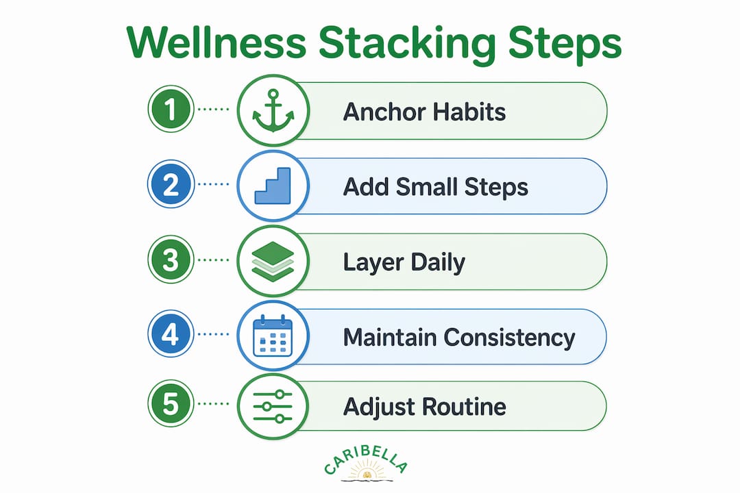 Infographic illustrating the steps of wellness stacking process