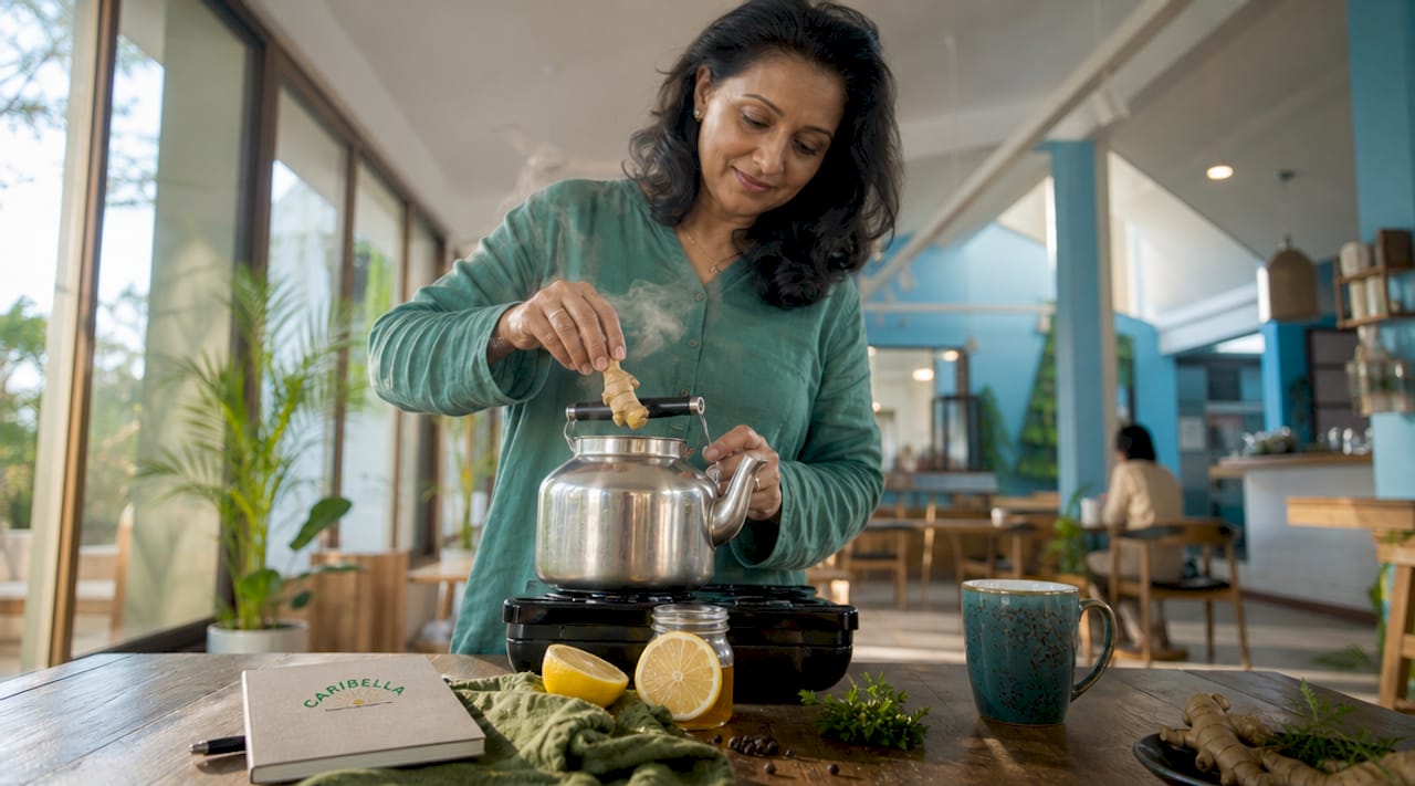Woman preparing ginger tea in kitchen