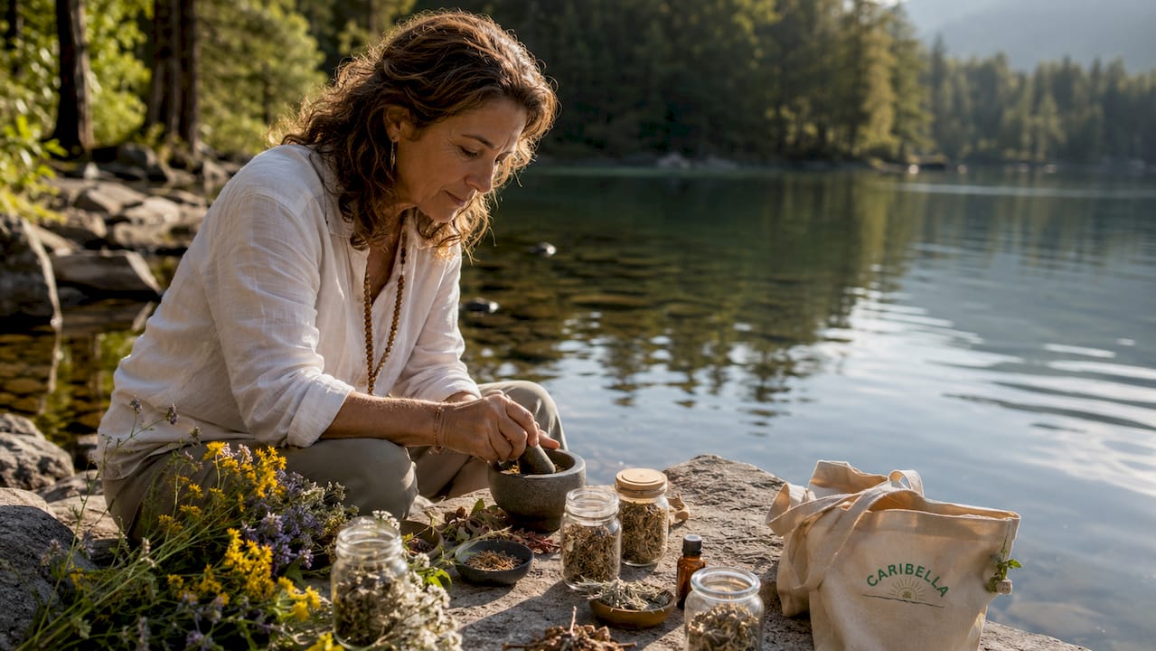 Woman preparing herbs in forest clearing