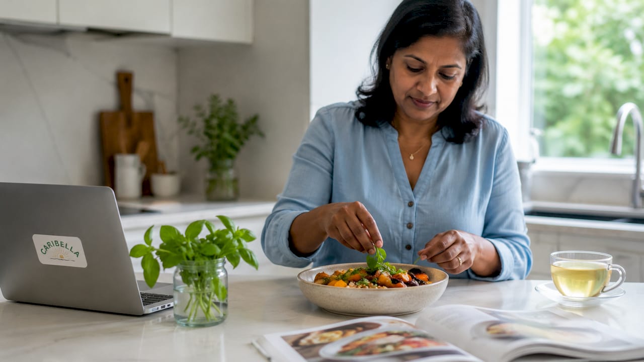 Woman preparing a plant-based meal at kitchen table