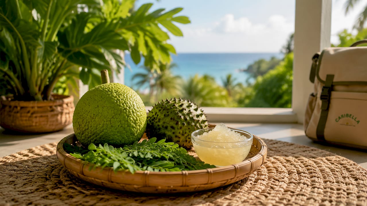 Natural Caribbean superfoods on kitchen counter