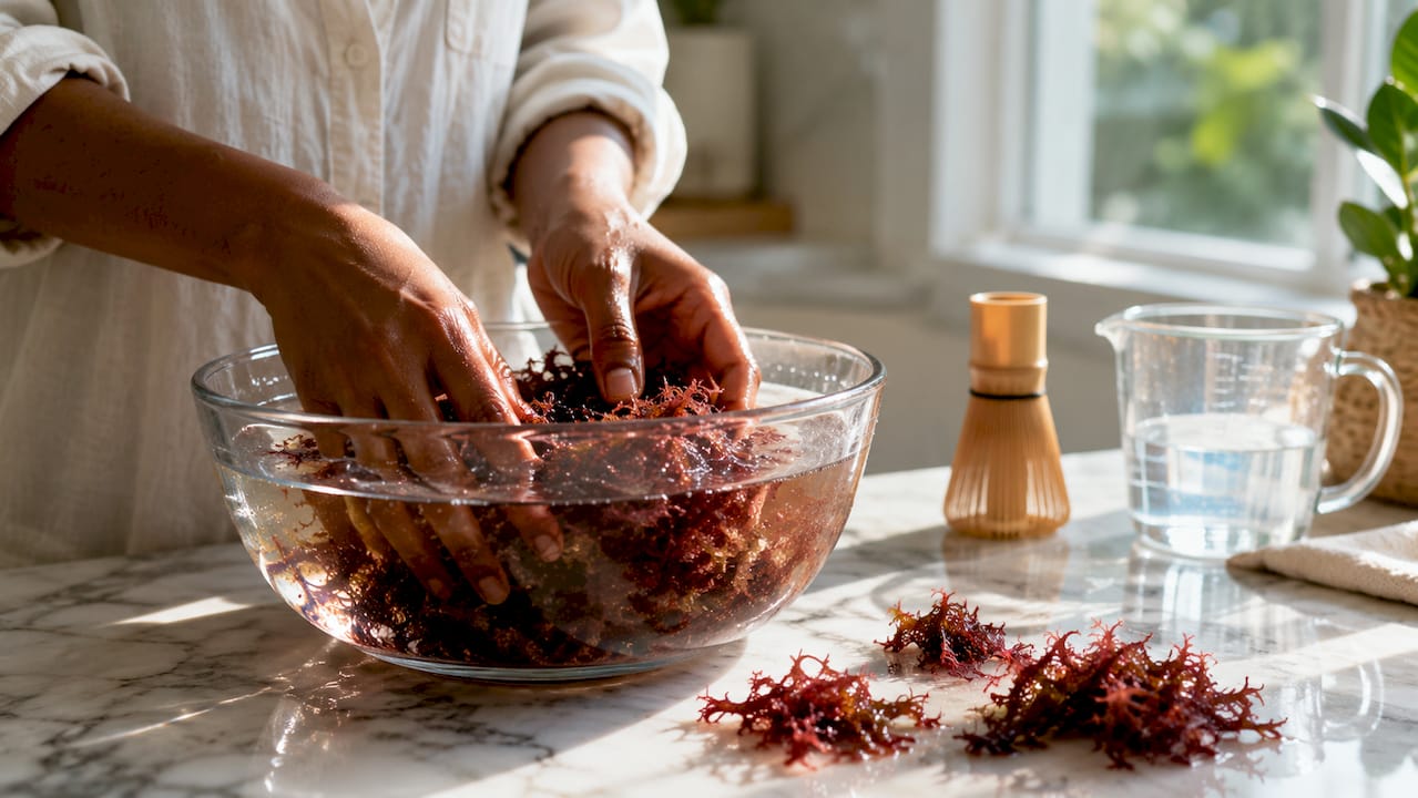 Hands soaking sea moss in water for gel preparation