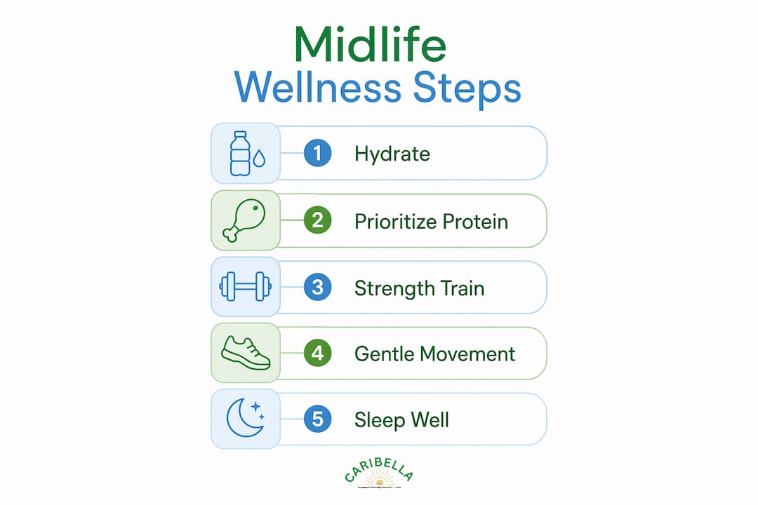 Infographic showing five key wellness steps for women over 40