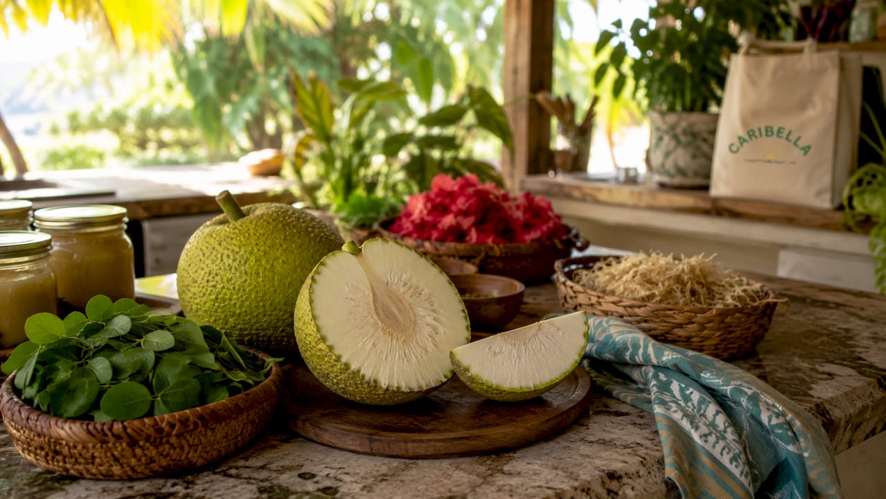 Close-up of sliced breadfruit and Caribbean superfoods on kitchen counter