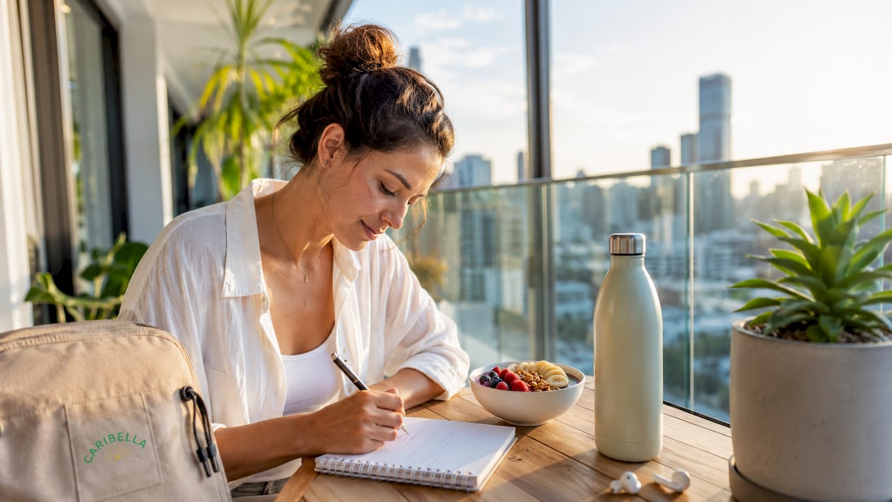 Woman journaling wellness routine at kitchen table