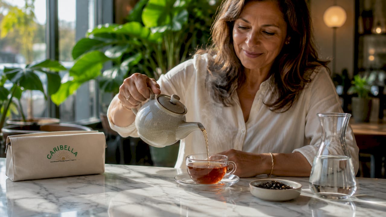 Person pouring black tea in bright kitchen