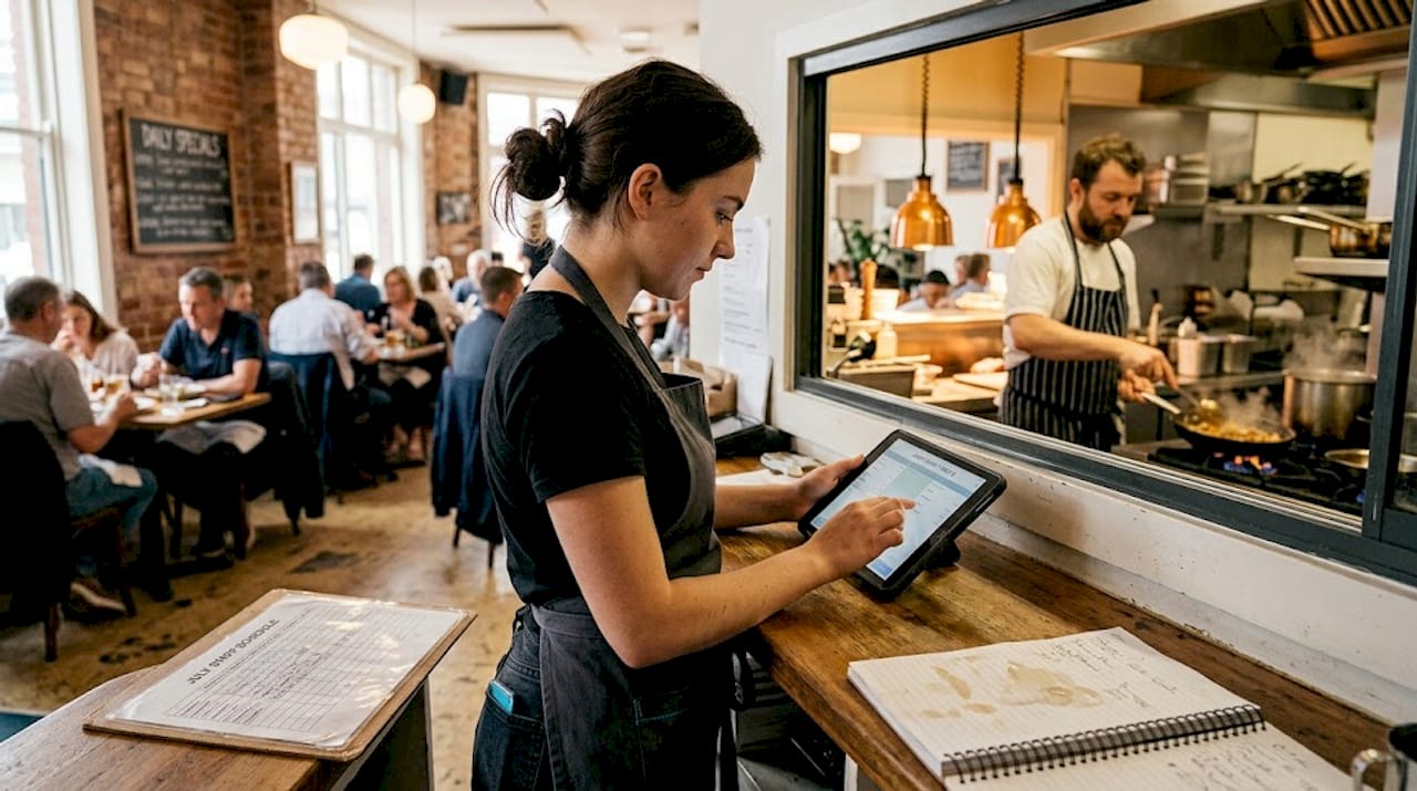Staff using cloud-based POS tablet during lunch