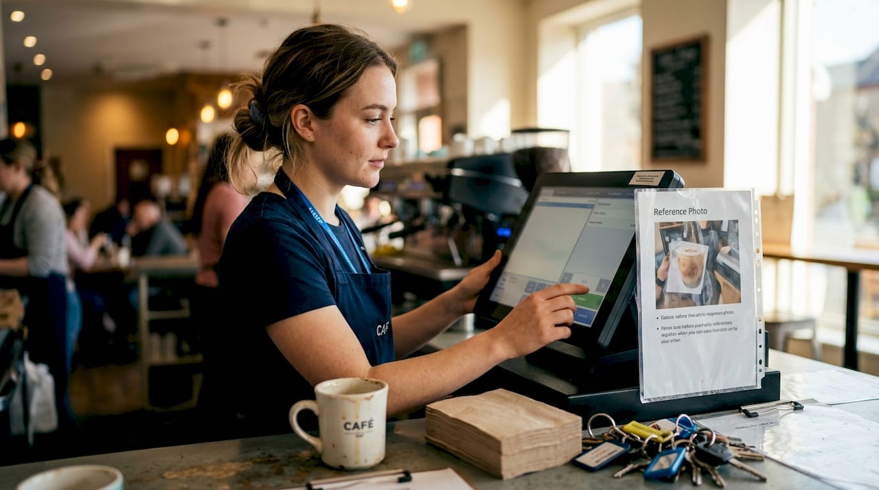 Staff member referencing POS setup photo