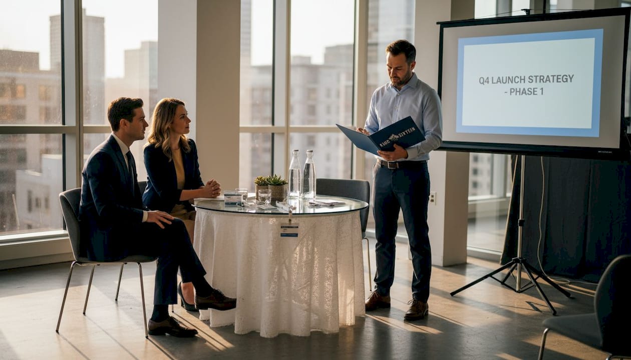 Brand manager reviews launch plan during team meeting