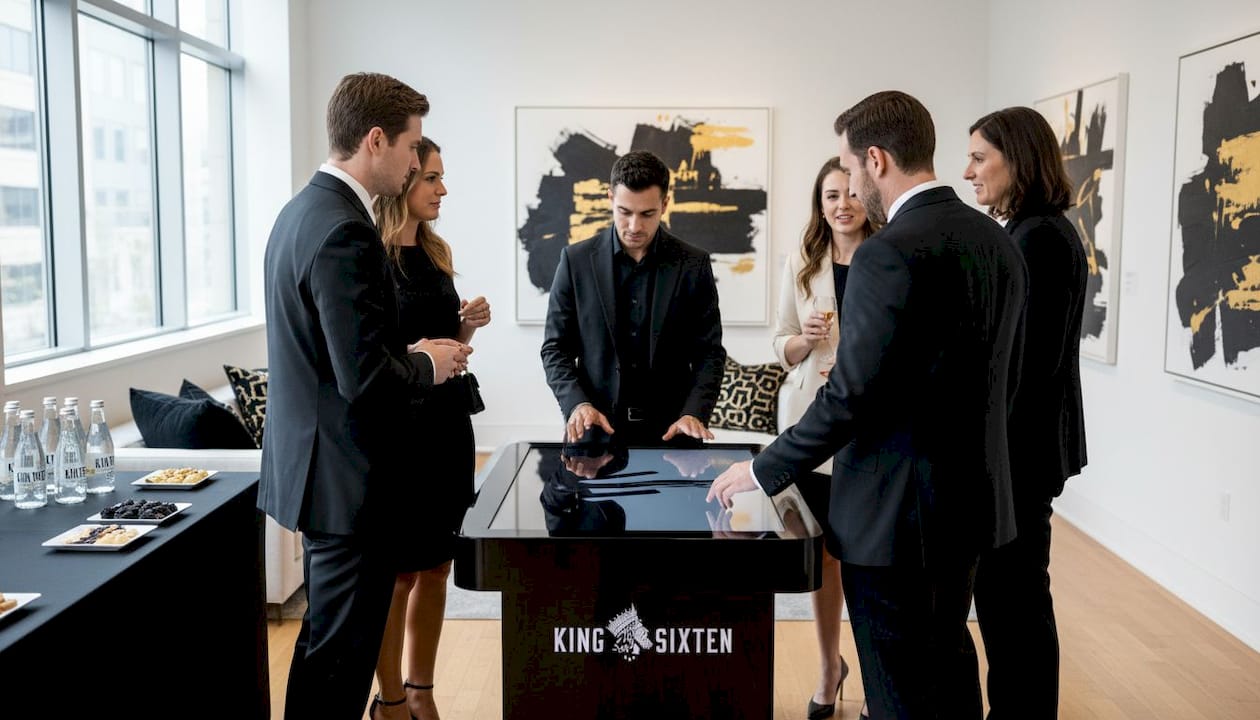 Event attendees interact in upscale branded environment