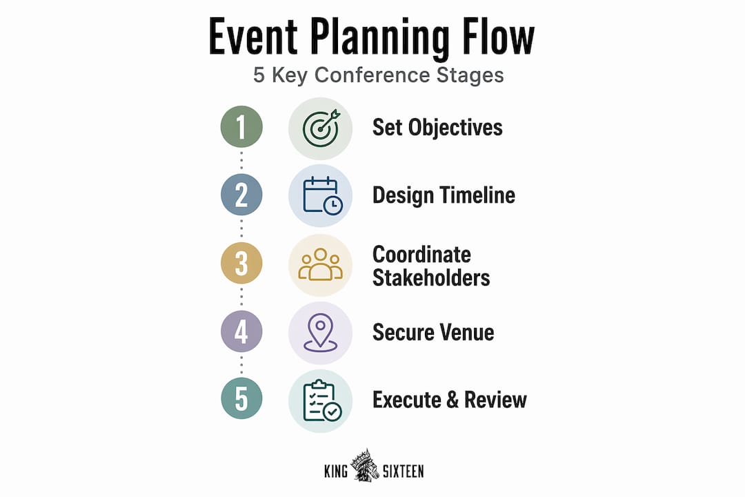 Infographic illustrating five key stages of conference event planning