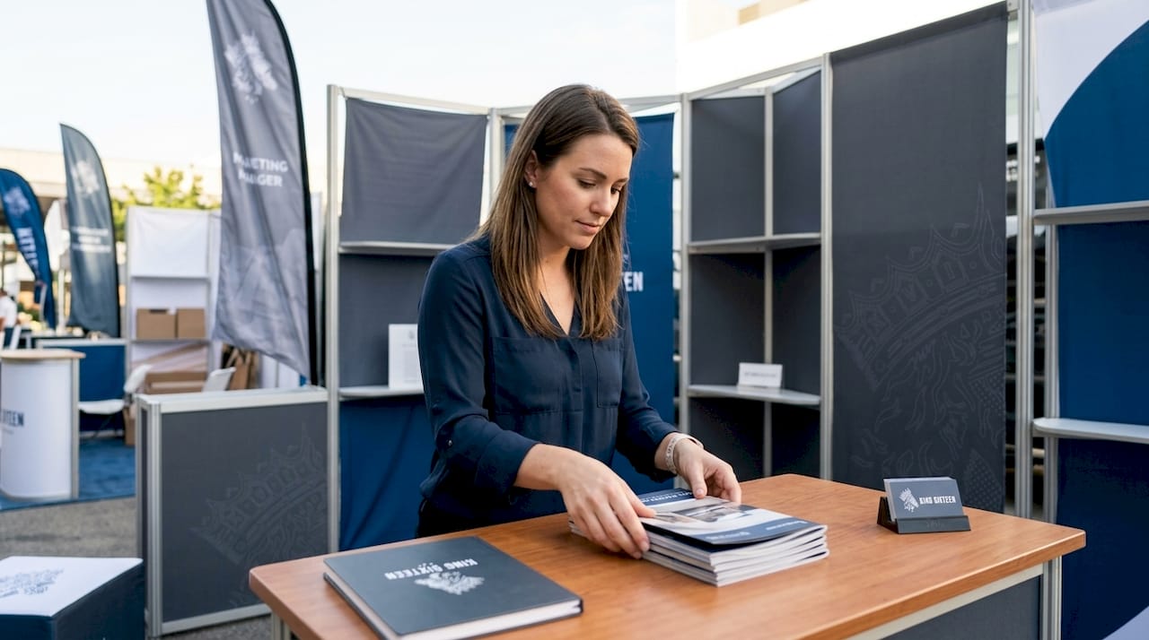 Manager arranging sample brochures at custom display booth