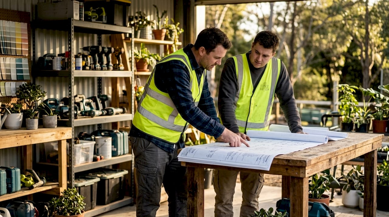 Fabricators in workshop studying event build plans