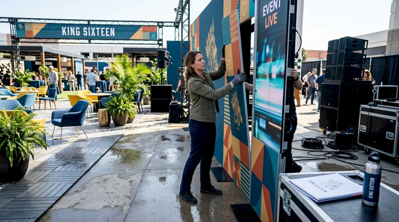 Designer setting up modular brand stage