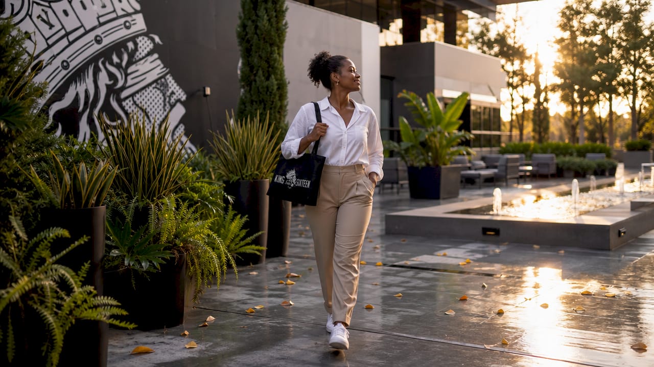Woman exploring branded office space lobby