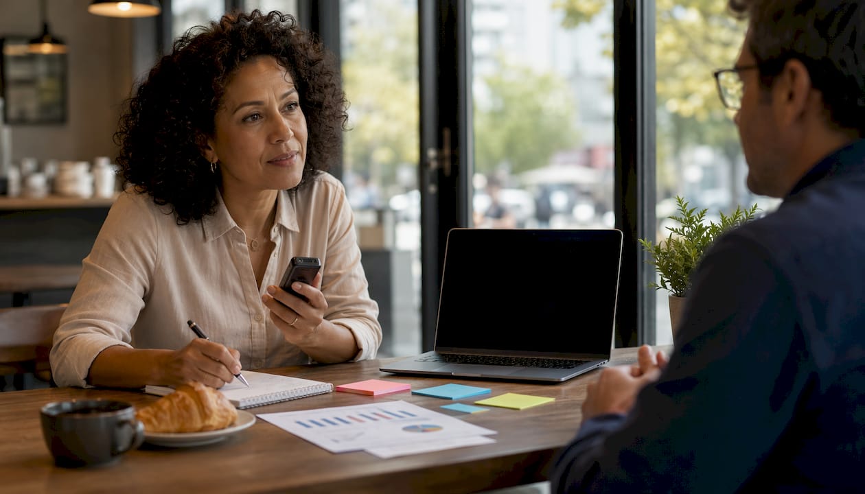 Woman interviewing customer for brand feedback