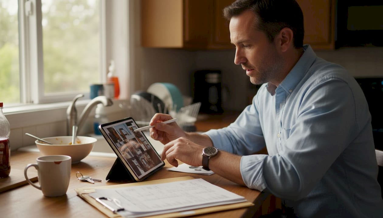 Agent reviewing property photos on kitchen counter