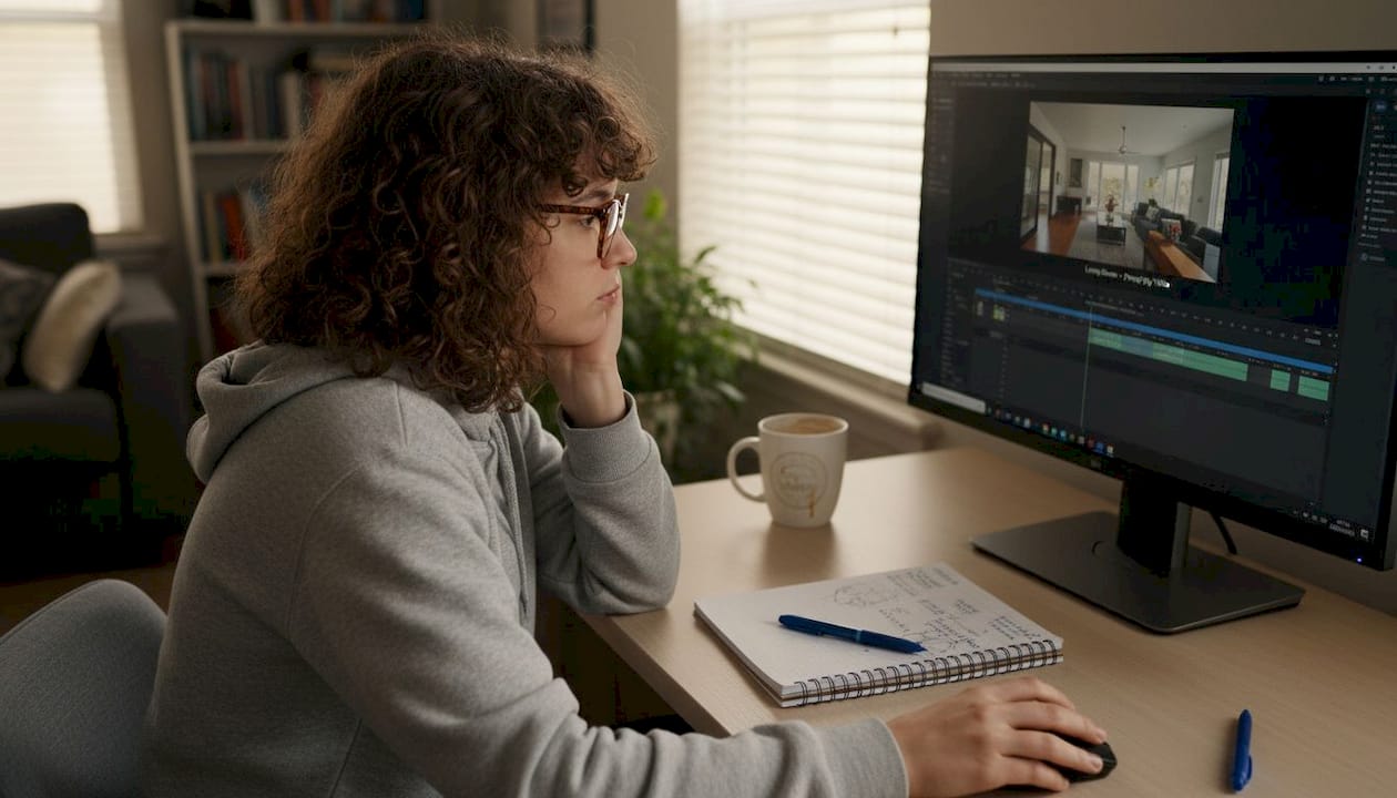 Editing a property video at living room desk