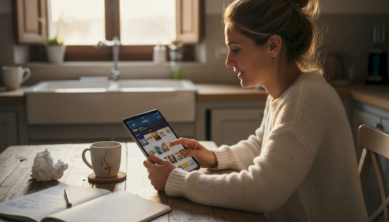 Una donna consulta l’app della TV sul tablet mentre si trova in cucina.