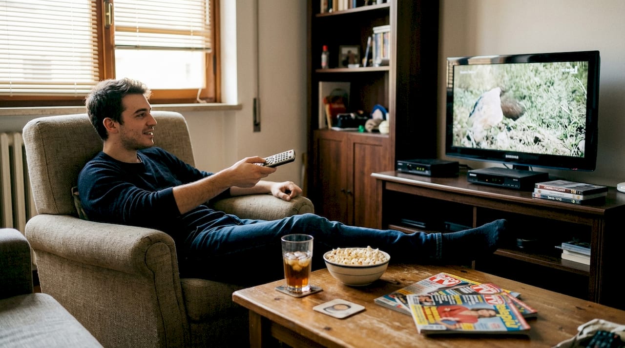 Un ragazzo che, comodamente seduto in salotto, fa zapping tra i canali in cerca di qualcosa da guardare.