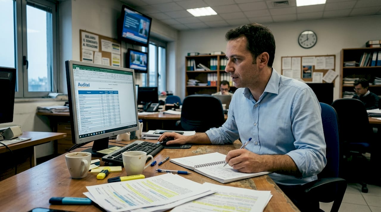 Un giornalista studia i dati degli ascolti Auditel seduto al suo desk, cercando di interpretare le ultime tendenze del pubblico.