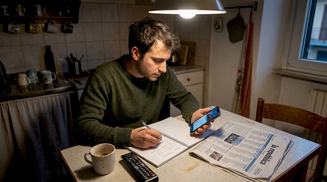 Un uomo consulta la guida TV alla ricerca di film horror in programma.