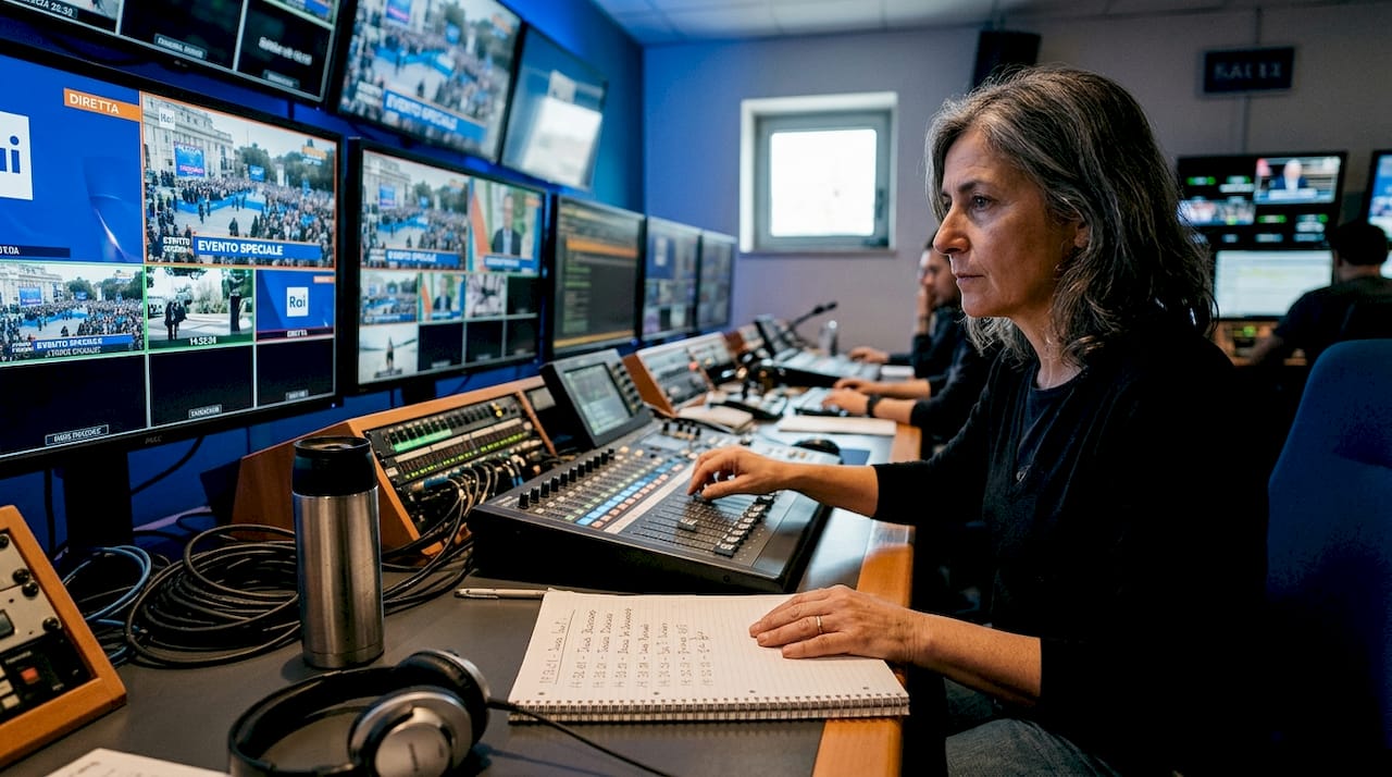Tecnico di regia televisiva impegnato nel controllo di un evento trasmesso in diretta