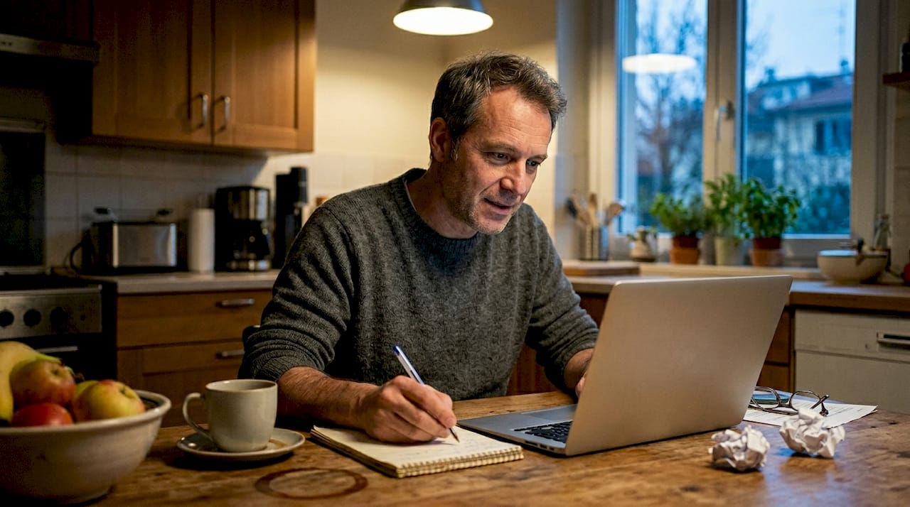 Un uomo seduto al tavolo della cucina consulta la guida TV per decidere cosa guardare.