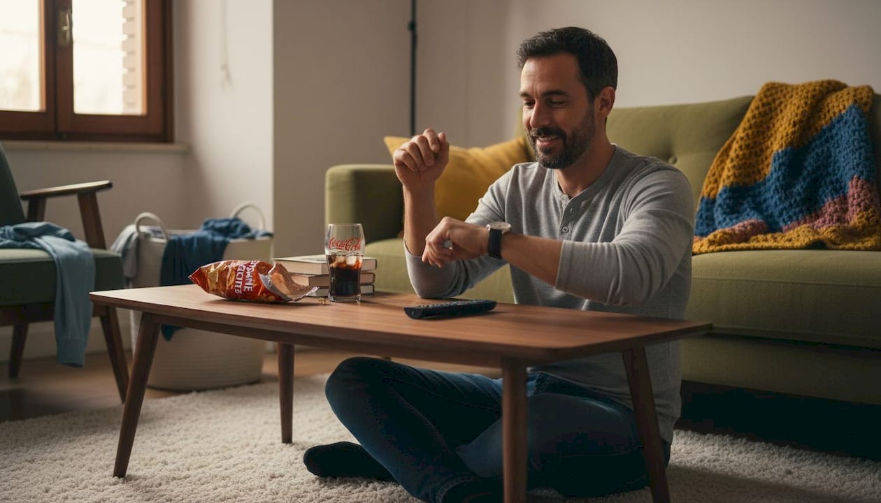 Un uomo controlla l’orario prima di decidere quale film guardare.