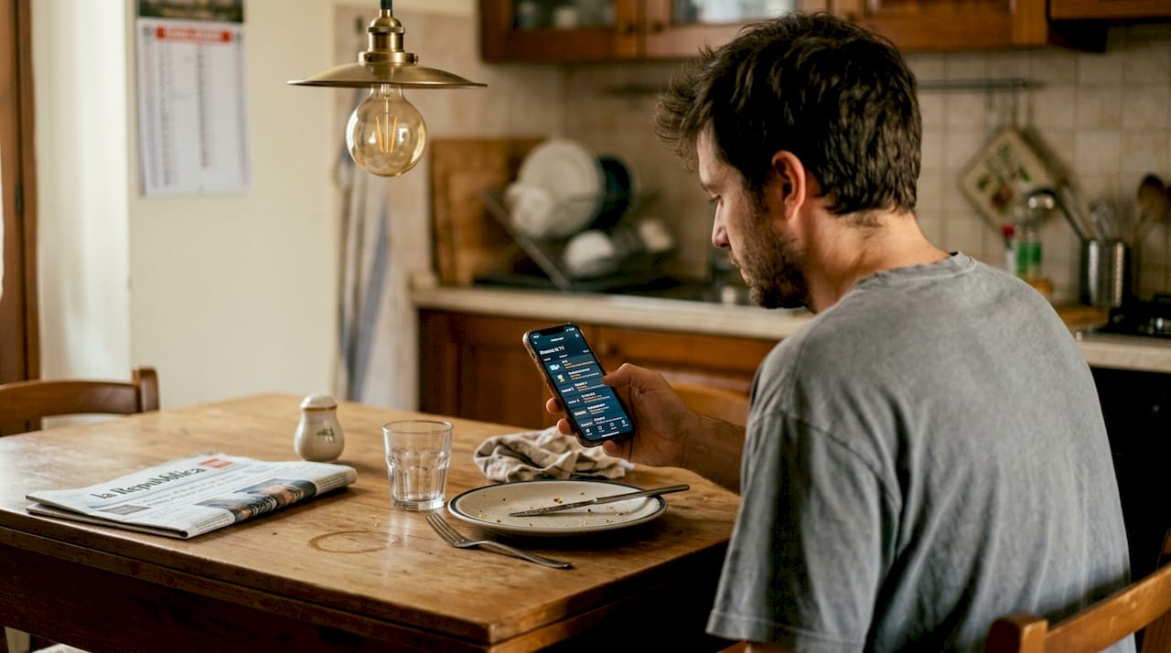 Un uomo seduto al tavolo della cucina sfoglia la guida TV alla ricerca di qualcosa da guardare.
