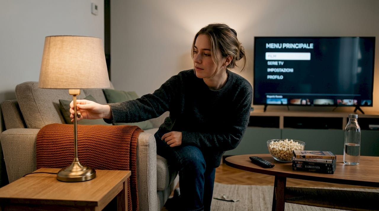 Una donna si organizza per una serata cinema casalinga all’insegna del relax e dell’atmosfera accogliente.