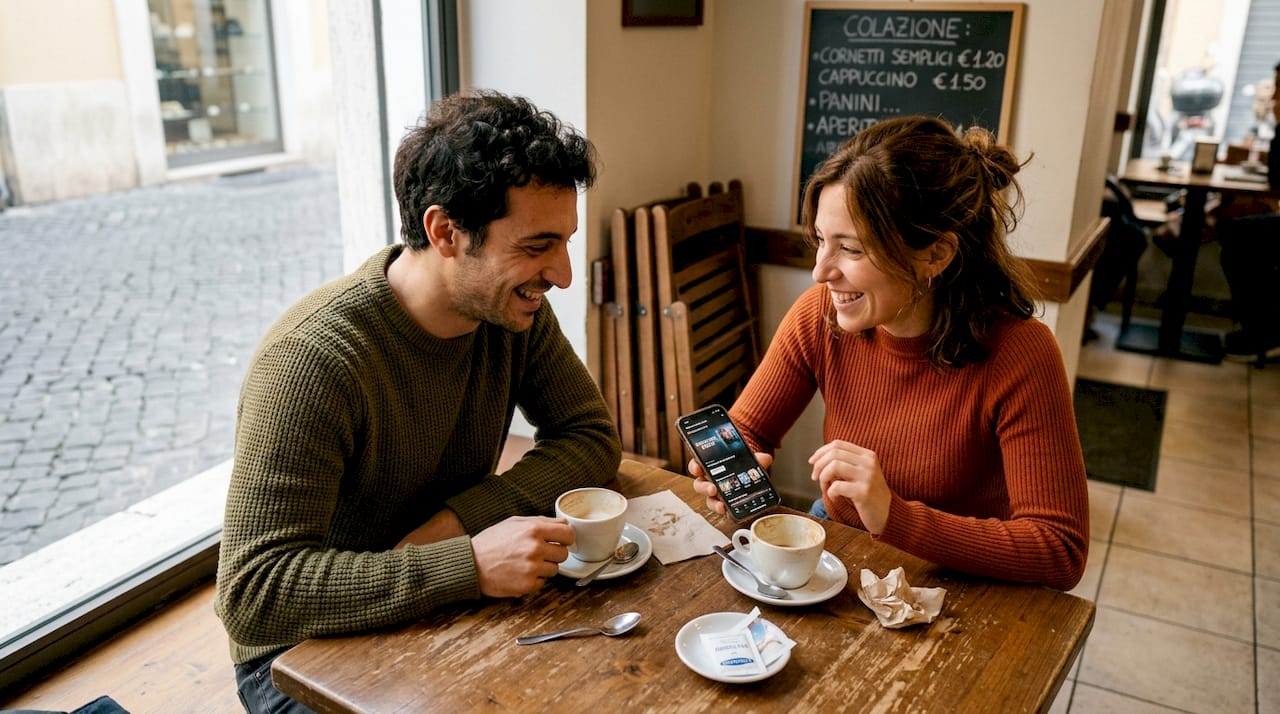 Due amici chiacchierano animatamente delle ultime serie TV davanti a un caffè, seduti in un bar dal clima informale.