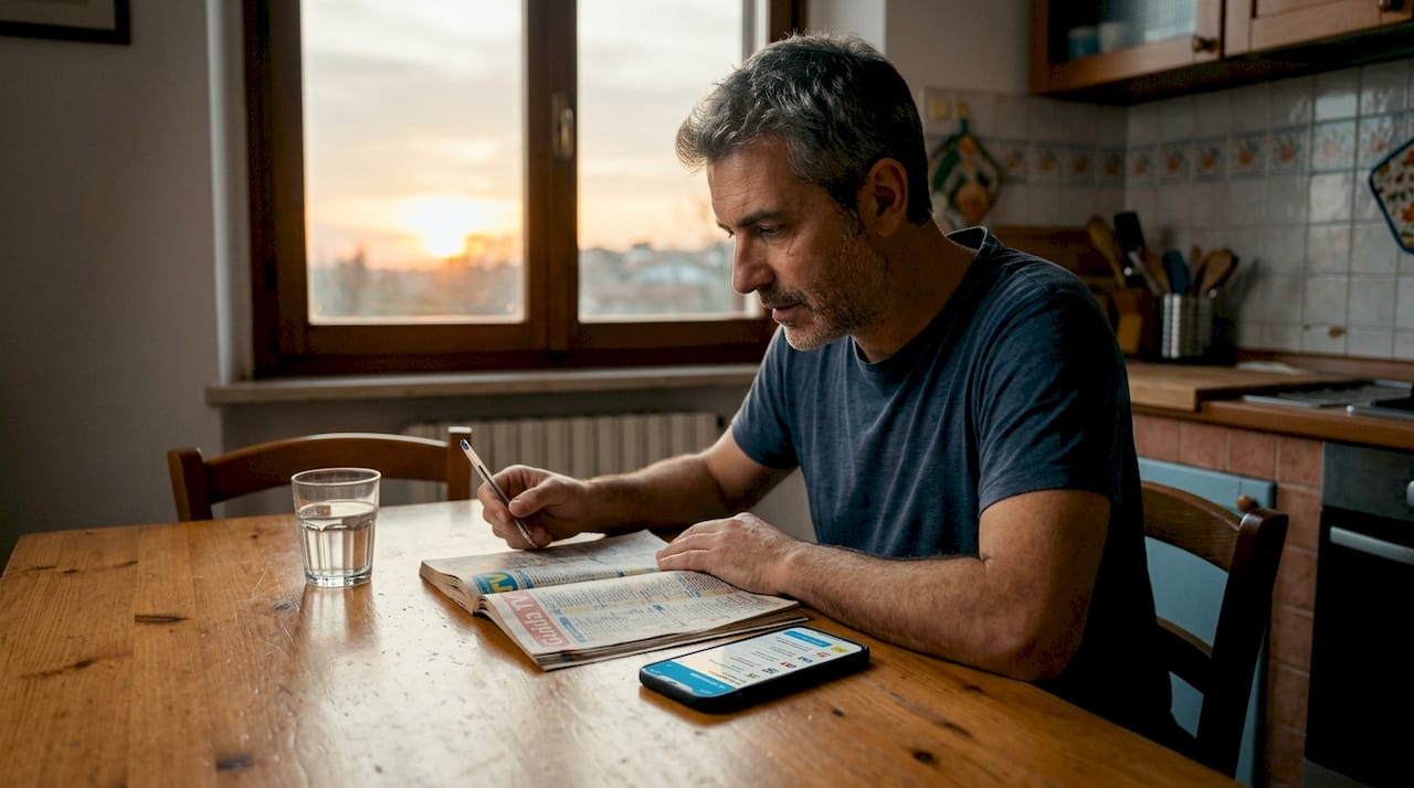 Un uomo sfoglia la guida TV mentre si trova in cucina.