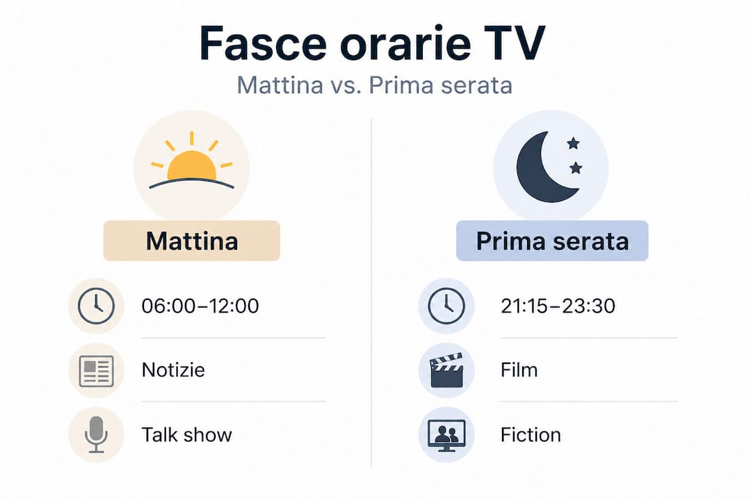 Infografica sugli orari tipici della programmazione TV in Italia: mattina e prima serata
