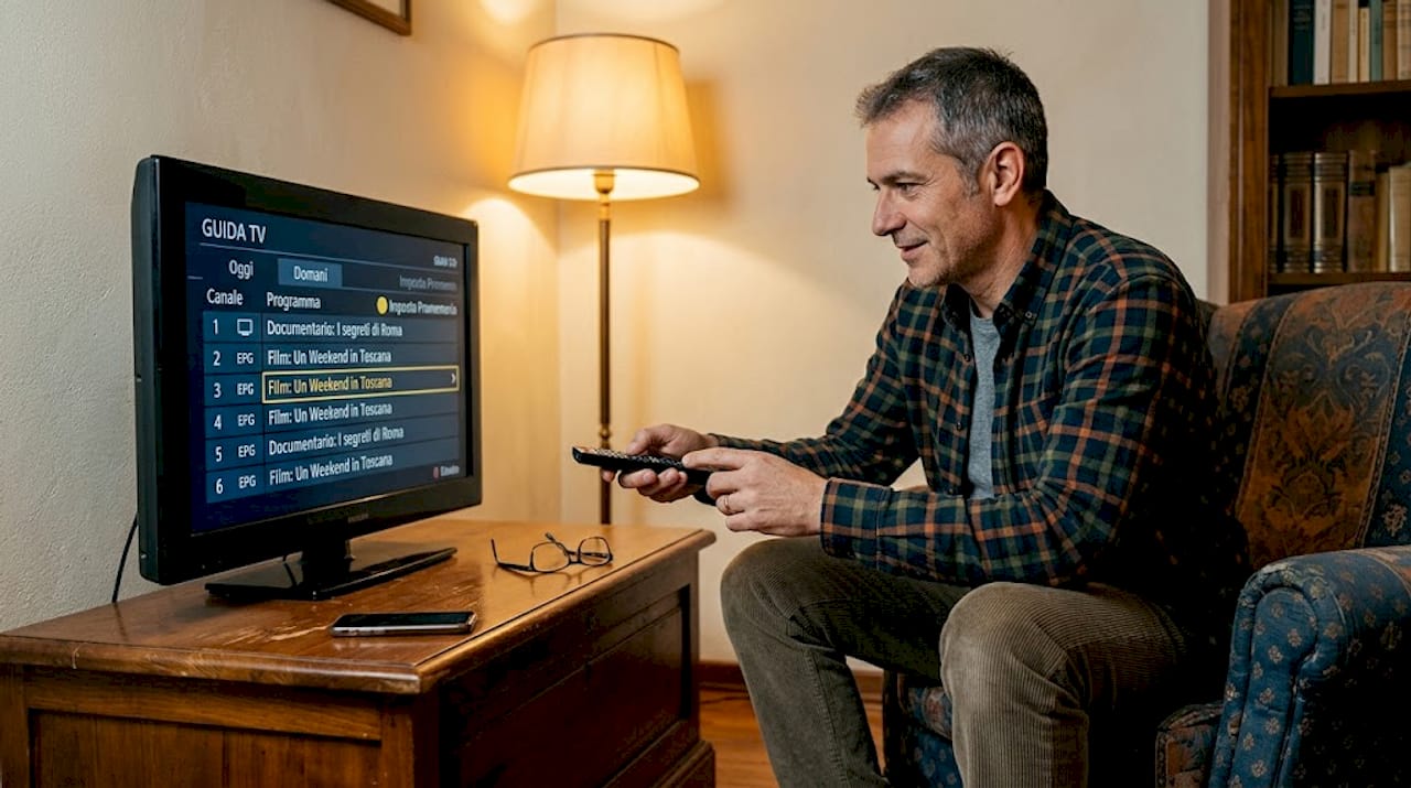 Un uomo programma i promemoria per i suoi programmi preferiti davanti alla TV in salotto.