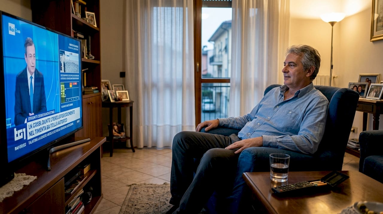 La sera, un uomo si rilassa davanti alla TV, seguendo la sua abituale routine casalinga.