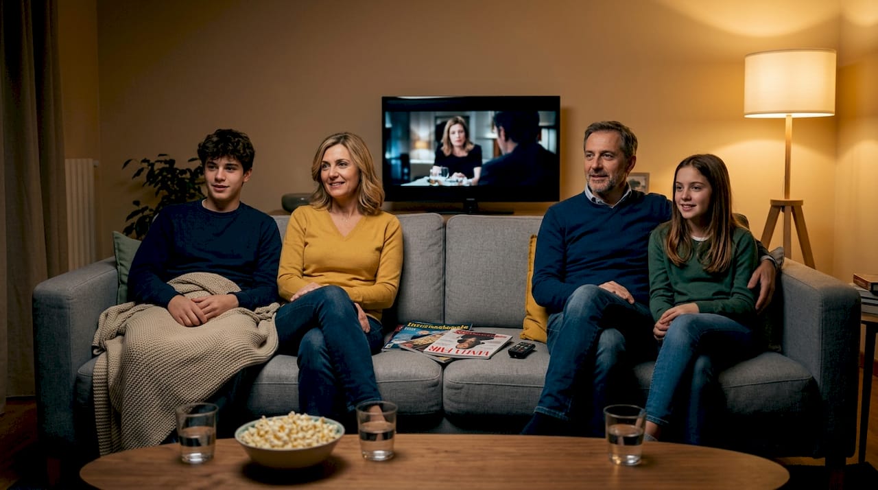 Una famiglia si gode un film insieme dopo cena.